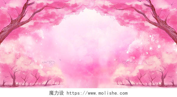粉色浪漫唯美简约水彩春天樱花展板背景